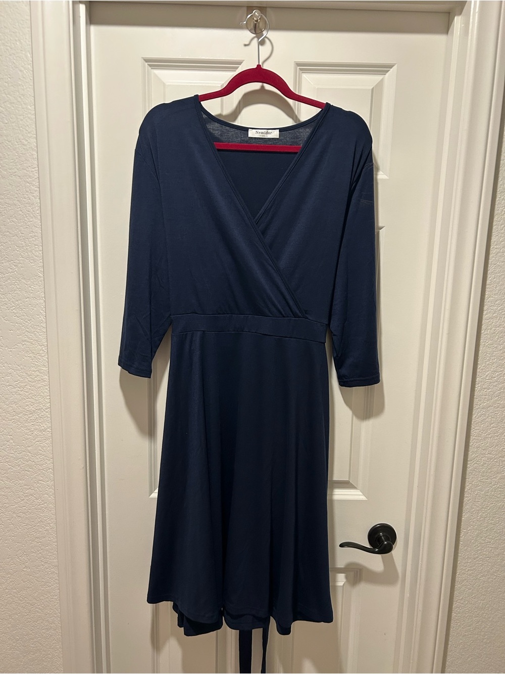 Nina Leonard Dark Navy Wrap Dress with Three-Quarter Sleeves
